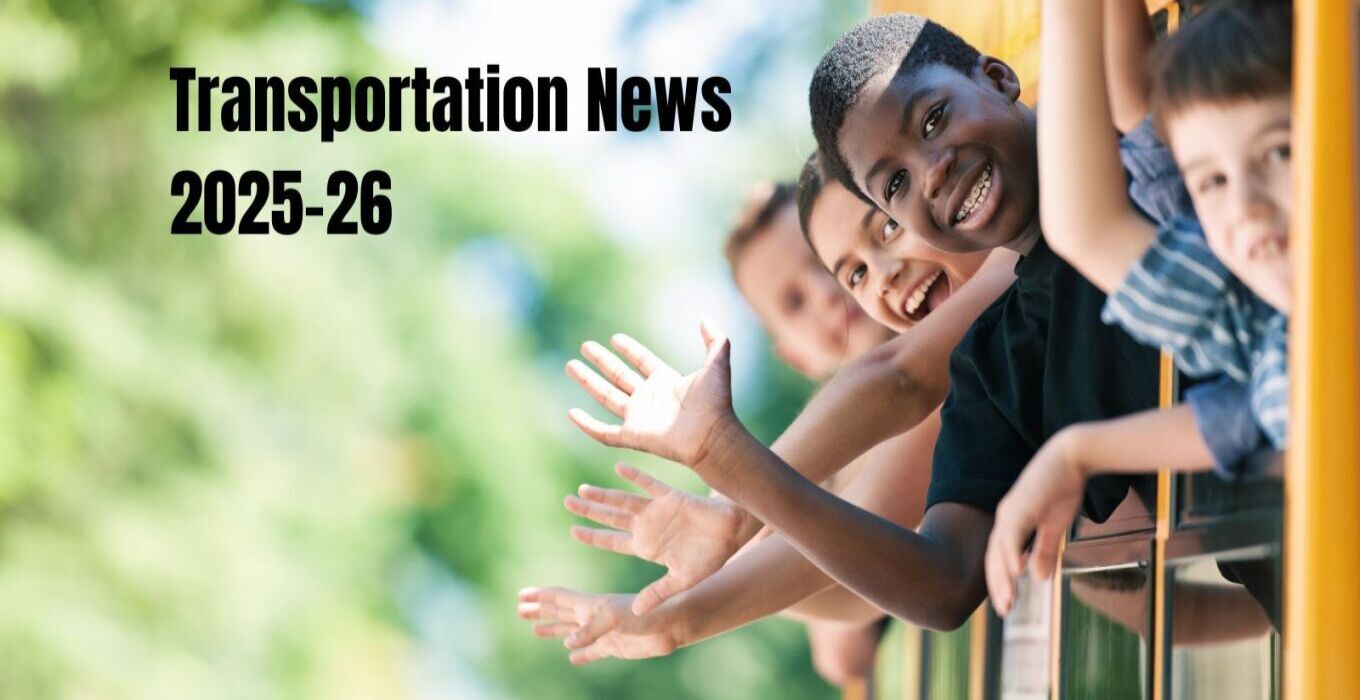Transportation News 2025-26, image of kids in school bus windows